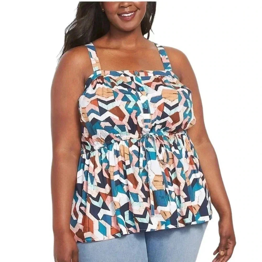 Lane Bryant Sleeveless CrossBack Button front Geo print multi color halter 28